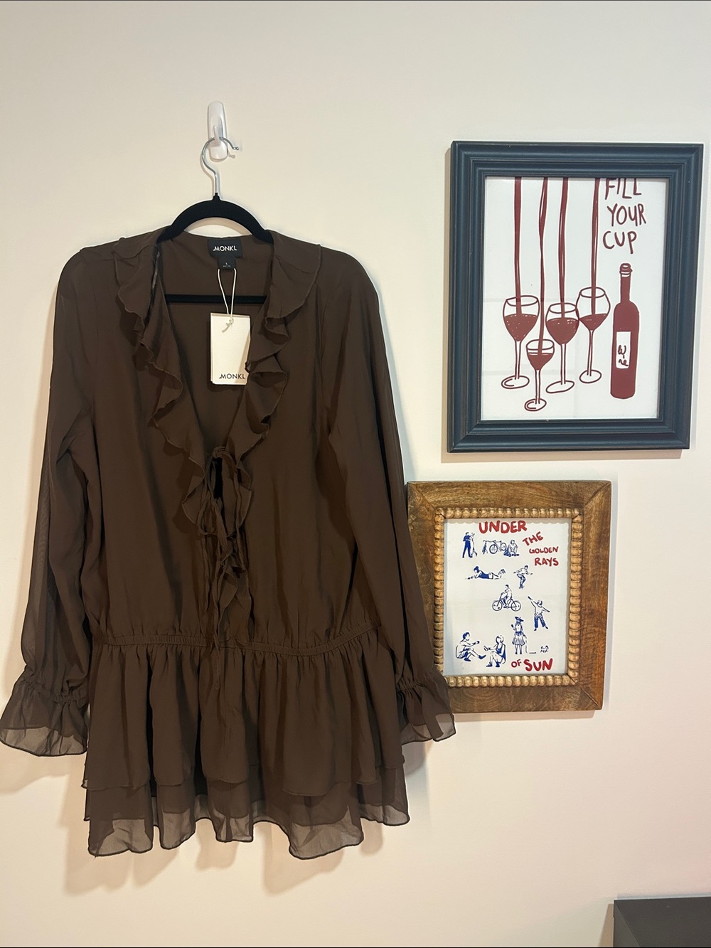 NWT Monki Frilled V-Neck Brown Mini Dress Size L